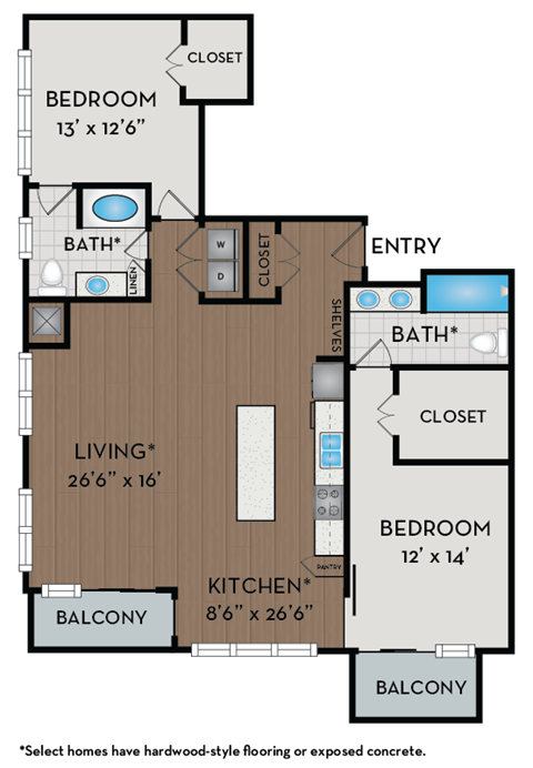 Floor plan for 2 beds, 2 baths
